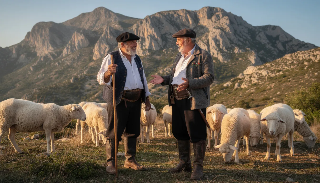 Two older Sardinian shepherds dressed in traditional clothing engage in conversation while tending to their sheep on a hillside, with majestic mountains in the background. This scene reflects the blue zones lifestyle, where strong social connections and low-intensity physical activity contribute to the longevity and well-being of the world's longest-lived people.