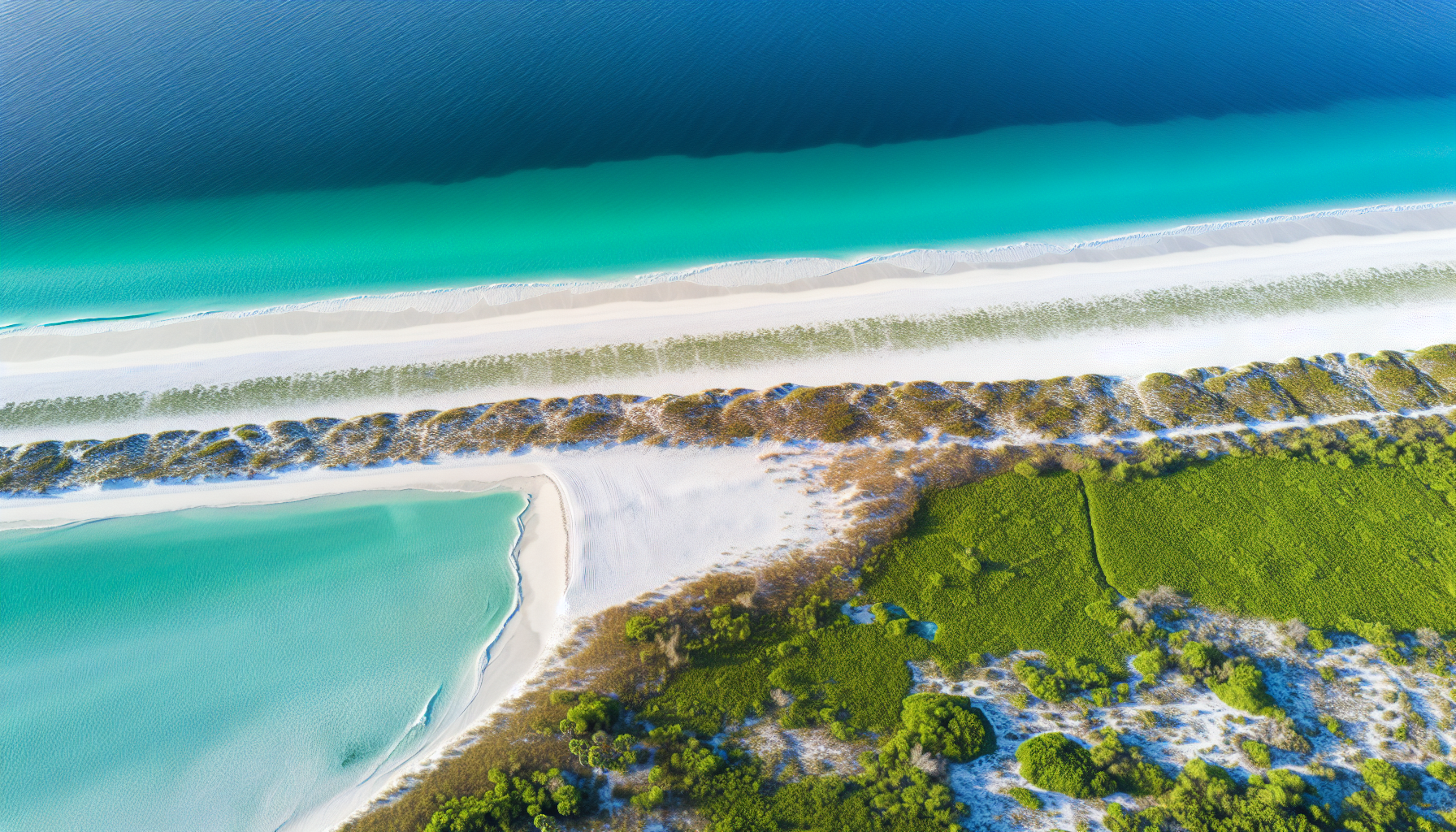 Aerial view of Navarre Beach with white sand beaches and crystal clear waters