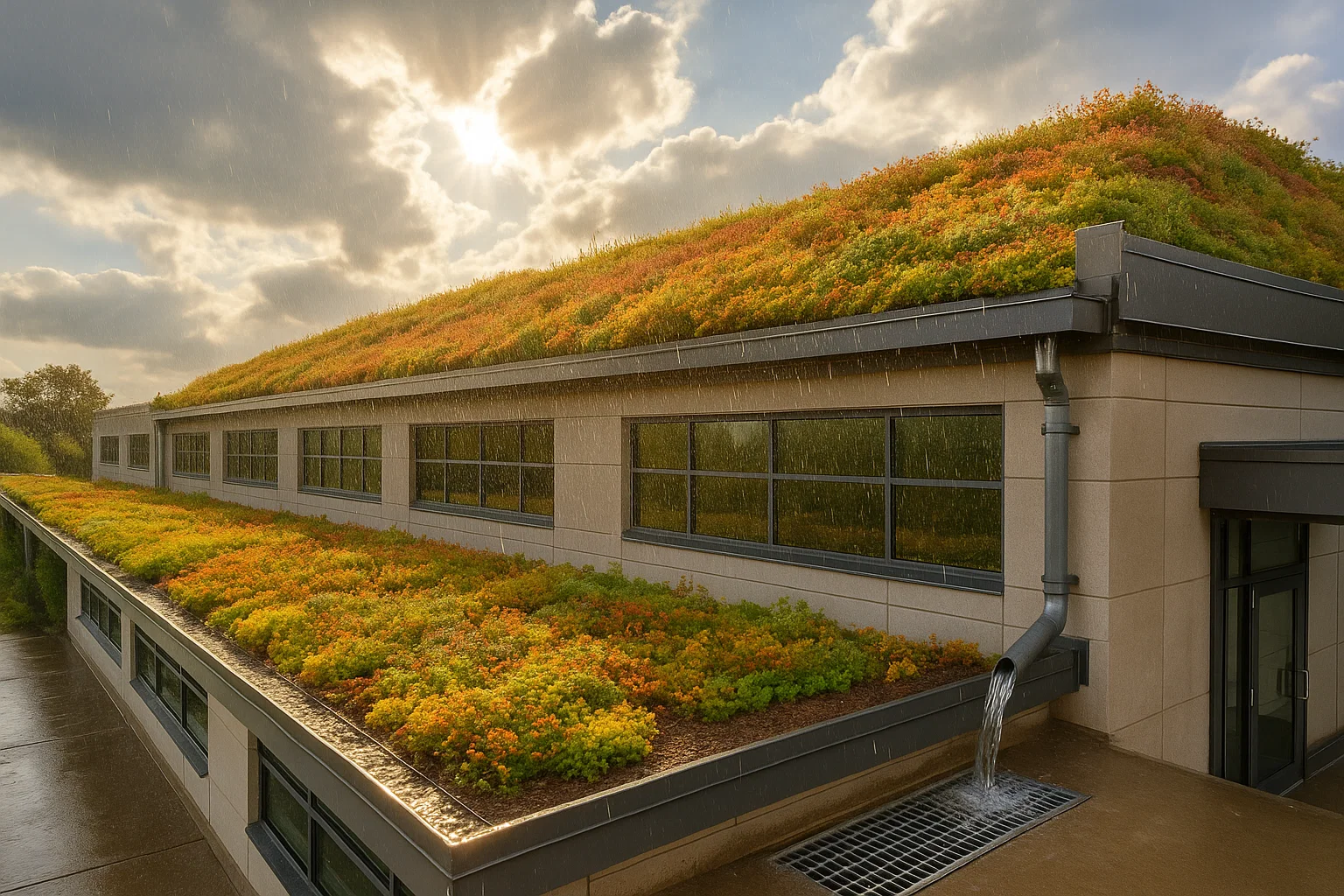 Green roof on a commercial building with water draining through plants into the roof’s drainage system.
