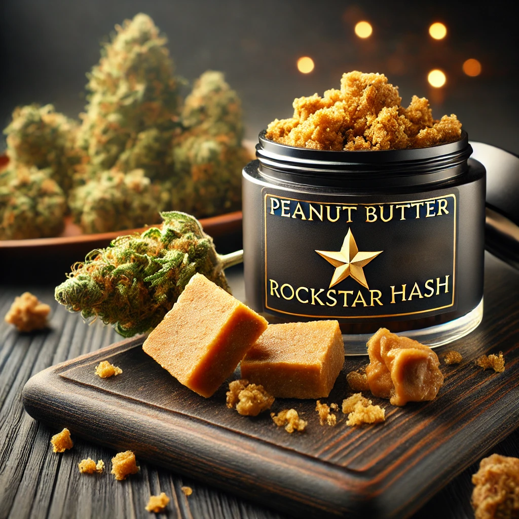 A lush representation of Peanut Butter Rockstar cannabis plants in a natural setting, featuring dense, resinous buds and a warm, earthy background.