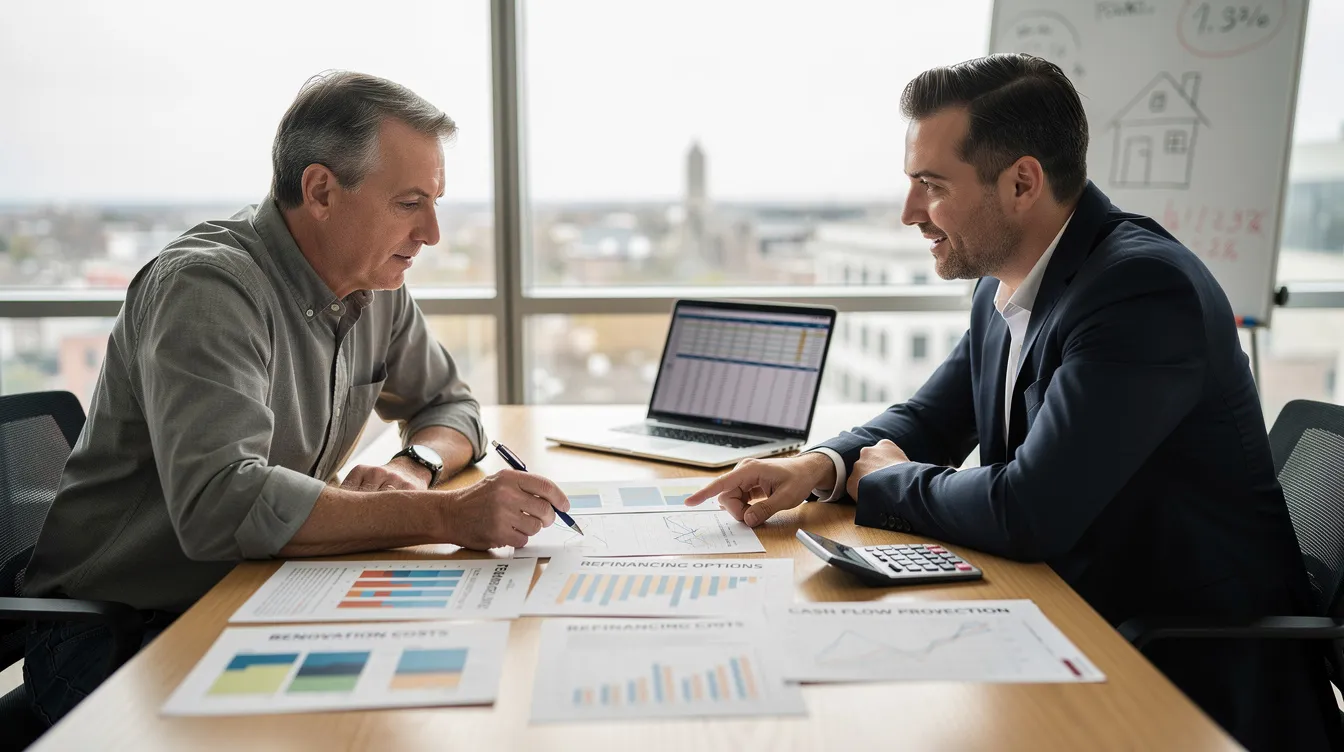 The image shows a property owner and a financial professional seated at a table, both engaged in discussion while pointing at charts that illustrate various renovation and refinancing options. This scene highlights the importance of effective financial management in property ownership, as they explore strategies for optimizing rental income and planning for future expenses.
