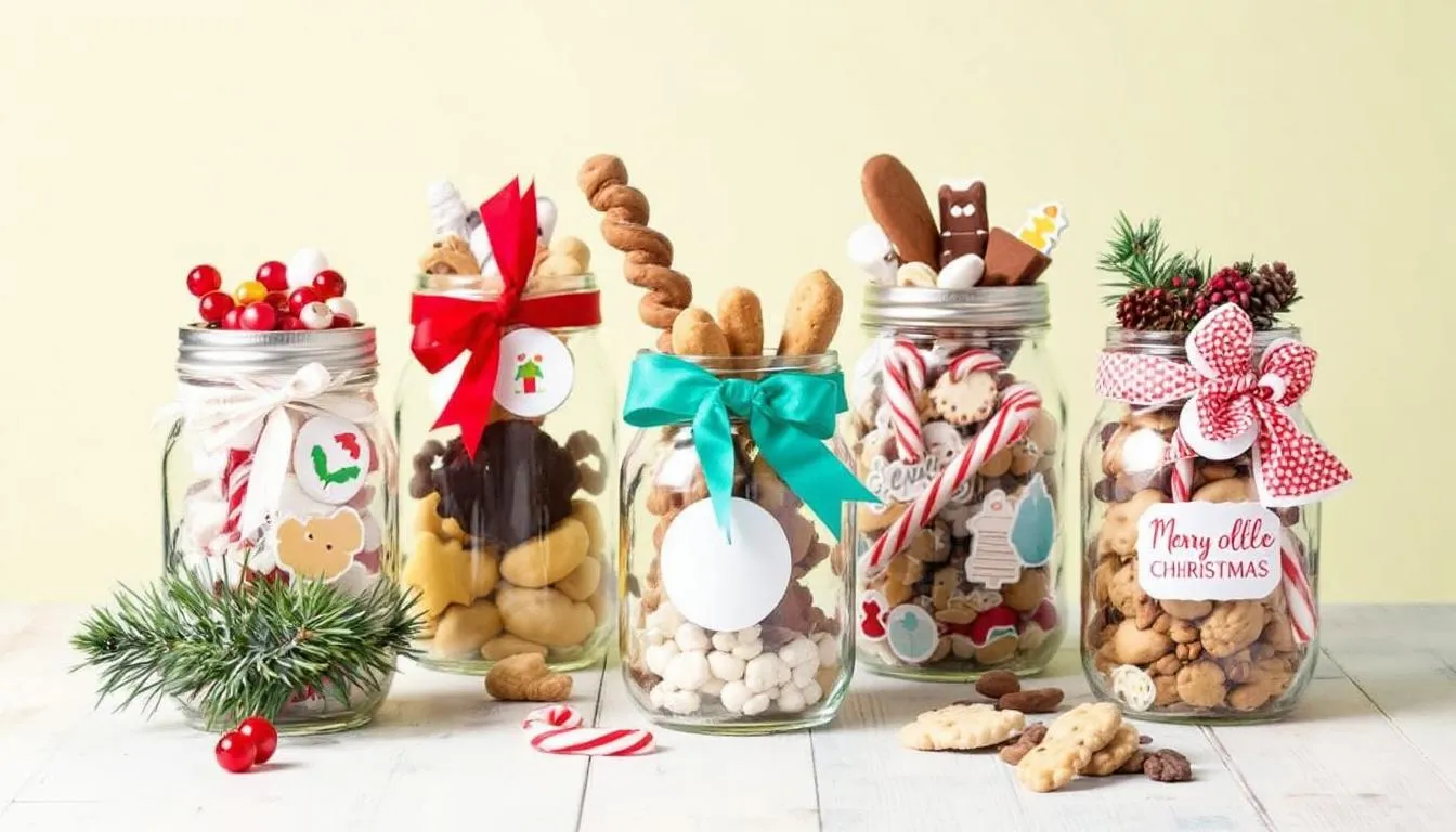 Decorated mason jars filled with various treats, ideal for gifting during the holiday season.