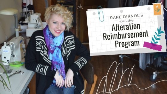 Designer Erika Neumayer sitting by the design machine and a call out about the alteration reimbursement program that offsets the costs of altertion coses by a seamstress or tailor for your dirndl