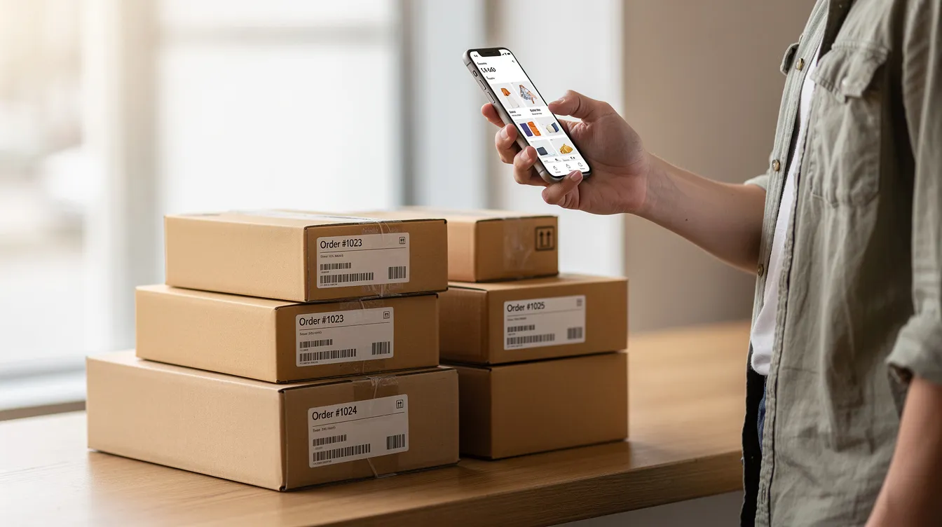 A customer is seen browsing products on a mobile phone while sitting next to several neatly packaged orders, indicating a focus on customer success and personalized experiences. The setting suggests a collaborative environment where ambitious teammates are engaged in the shopping process.
