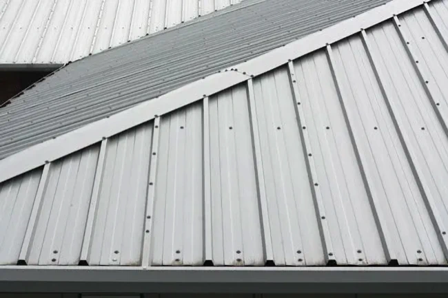 A close-up picture of a residential roof with exposed fasteners. 