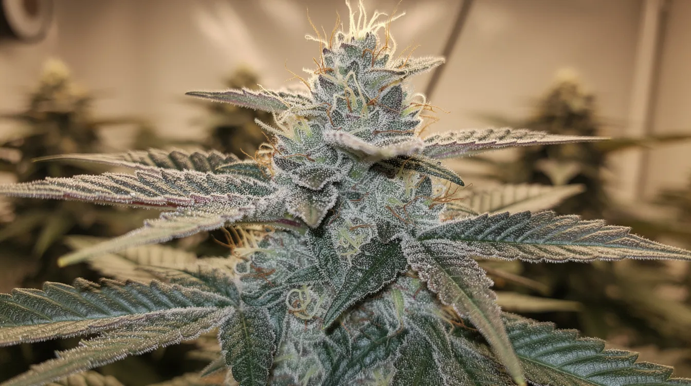 Die Nahaufnahme zeigt eine Cannabispflanze in der Hauptblütephase, charakterisiert durch dichte, harzbedeckte Blütenstände, die mit feinen Härchen und glitzernden Trichomen bedeckt sind. Diese Phase ist entscheidend für die Entwicklung der Blüten, die im späteren Verlauf zur Cannabisernte führen.