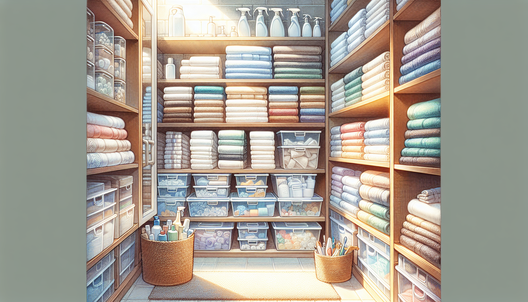 A well-organized linen closet showing neatly folded towels.