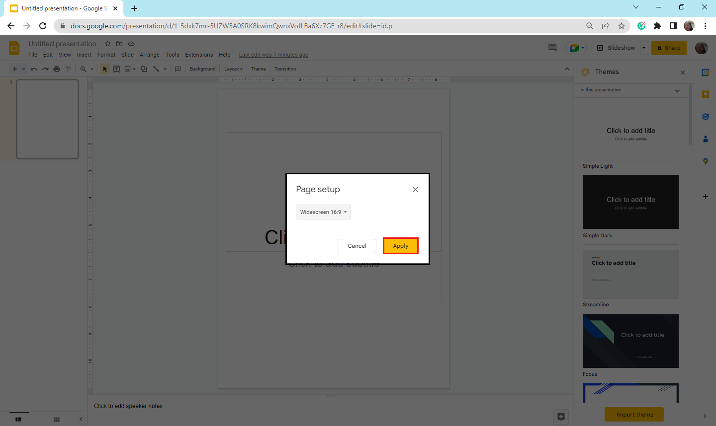 Then click apply to turn your Google Slide back to landscape.