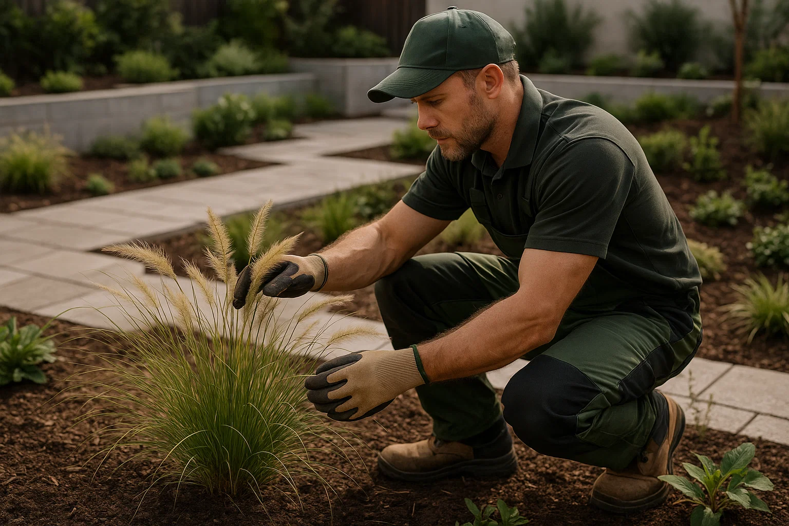 Professional landscaper planting ornamental grasses in a finished garden.