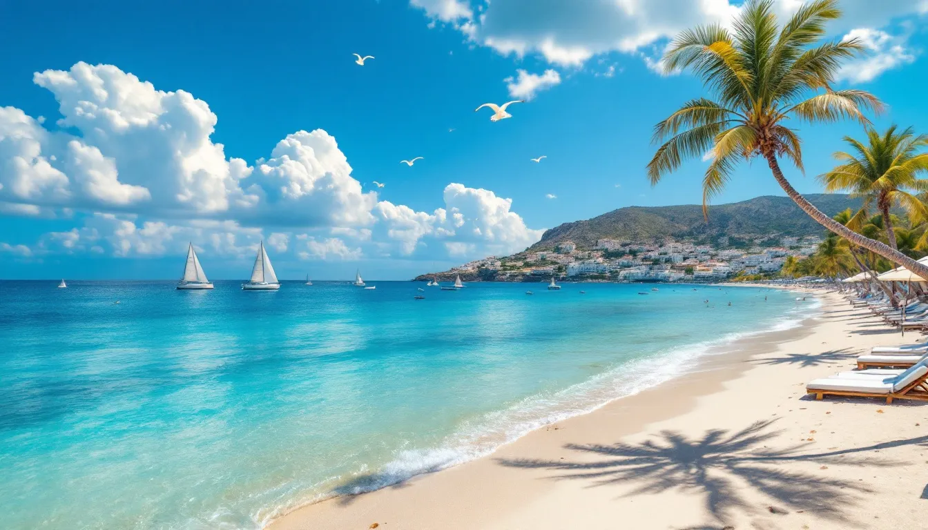 Piękne piaszczyste plaże Rodos z turkusową wodą i palmami.