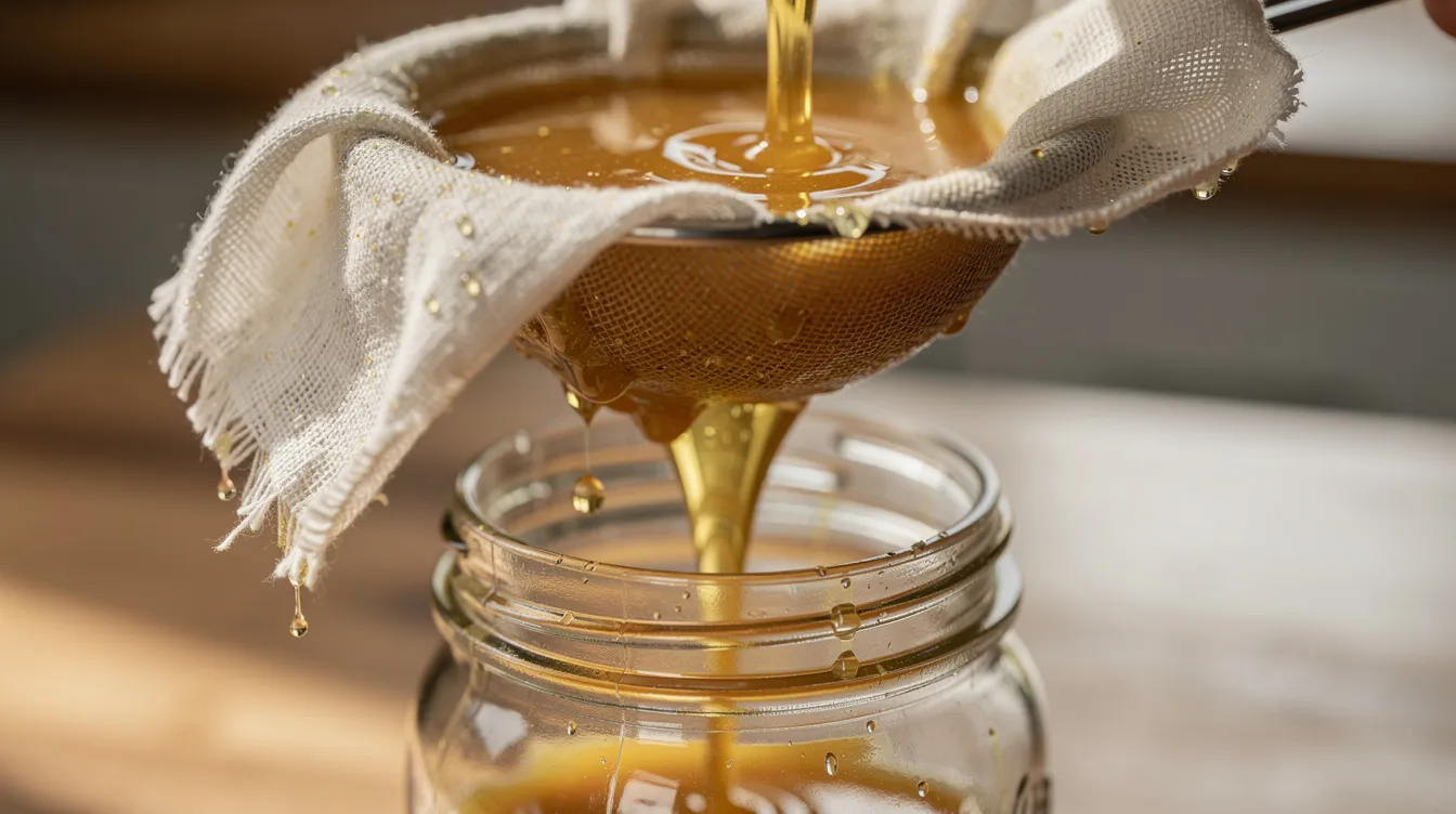 A close-up view of golden cannabis-infused butter being carefully strained through cheesecloth into a clear glass jar, showcasing the rich color and texture of the infused butter, which is a key ingredient for cannabis cookies and other delicious edibles. The process highlights the importance of making infused butter for recipes that require precise dosage and flavor enhancement.