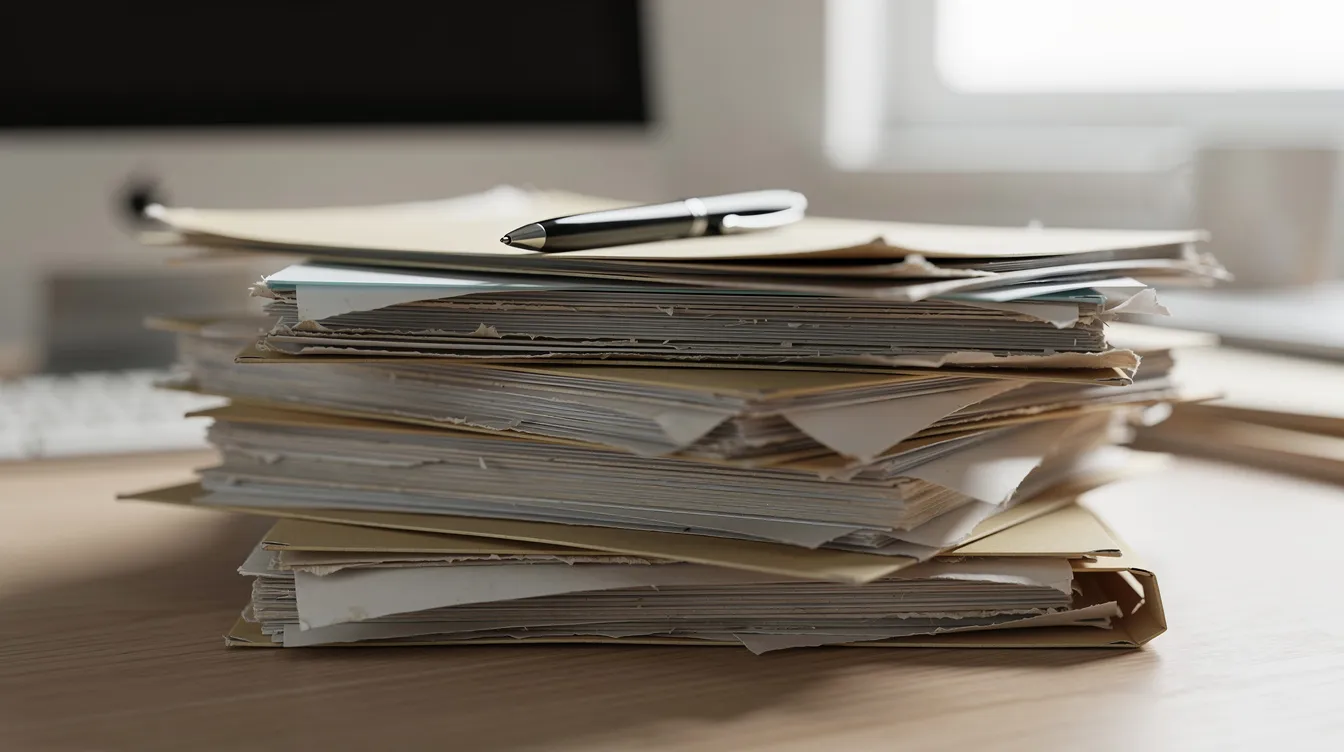 d2304914 a51b 4bdb 8df5 77c879310122 The image shows a stack of paper files neatly arranged on an office desk, with a pen placed on top, suggesting a workspace focused on managing important documents, possibly related to loan applications or financial assistance processes such as the mudra loan scheme.