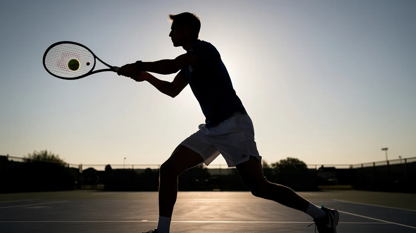 A side-view silhouette of a tennis player captures the moment of forehand contact, with the racquet meeting the ball in front of the lead hip while the player's knees are bent. The stance emphasizes proper technique, showcasing a good contact point as the player prepares to generate power for the next shot.