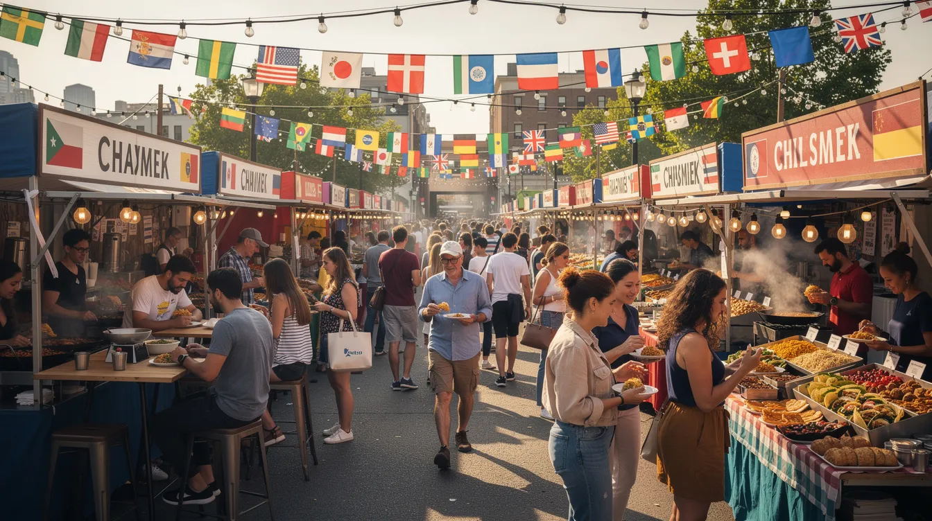 The image depicts a vibrant outdoor food market bustling with diverse crowds enjoying international cuisine from various stalls, adorned with colorful bunting. This lively scene reflects a sense of community and celebration, reminiscent of the excitement surrounding events like the FIFA World Cup 2026.