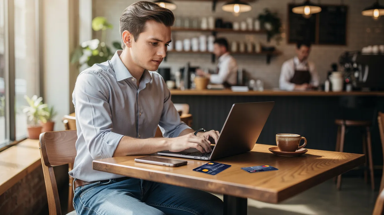 A young professional is seated at a coffee shop, focused on their laptop, with a debit card placed on the table beside them. The scene suggests a casual yet productive atmosphere, possibly related to financial transactions like those involving the Nainital Bank or other banking services in India.