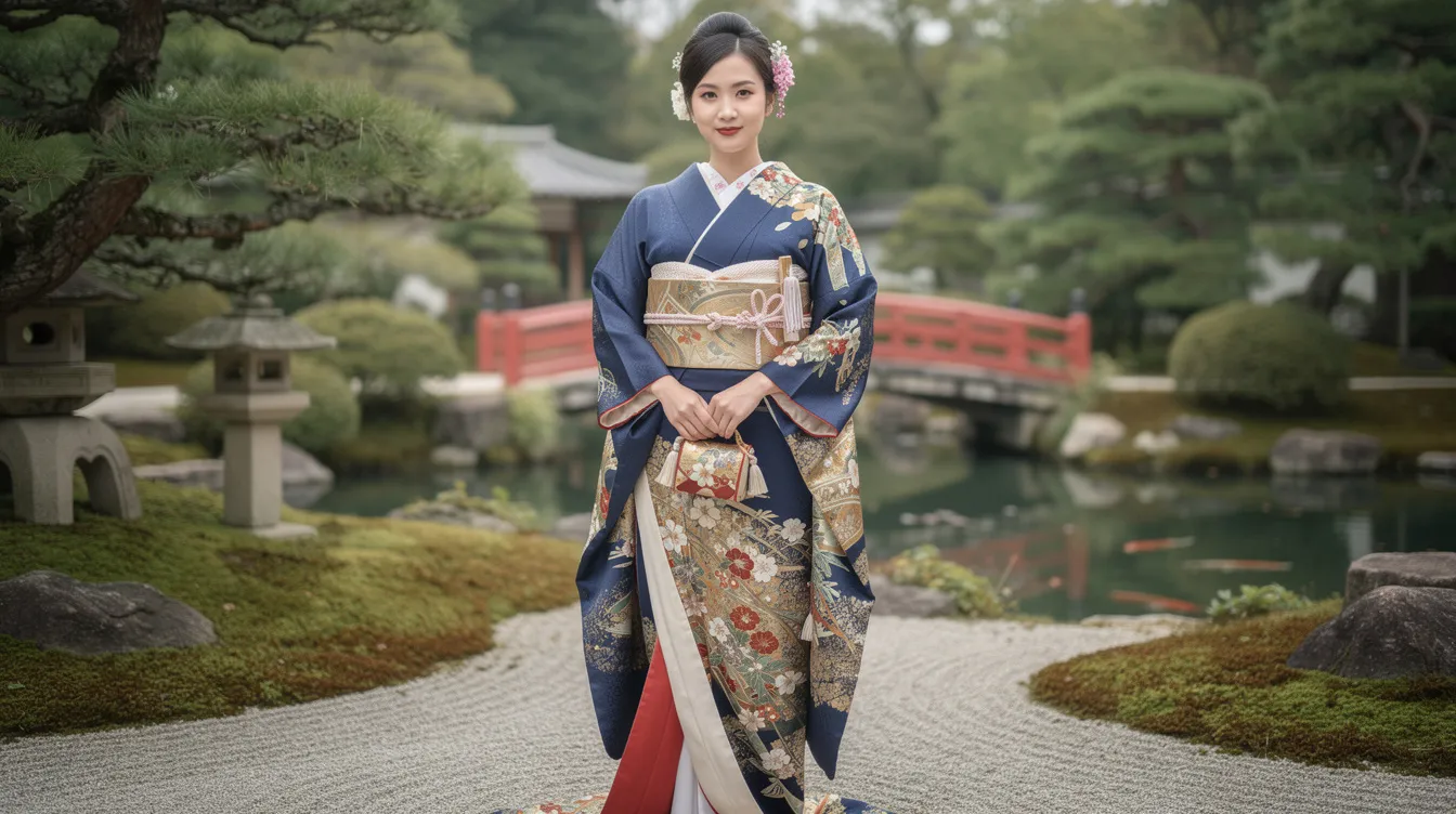 A person stands elegantly in a beautifully layered kimono ensemble, showcasing the intricate patterns and bright colors of this traditional Japanese garment. The setting is a serene traditional Japanese garden, enhancing the beauty of the formal kimono, complete with an obi and decorative accessories, reflecting the rich kimono culture.