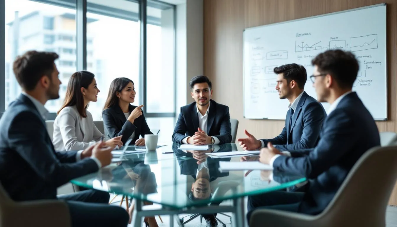 A group of Southeast Asian colleagues is gathered in a meeting room, discussing strategic business partnerships in Brunei Darussalam, focusing on areas such as oil and gas, food security, and climate change. The atmosphere is collaborative, reflecting the importance of cooperation for socio-economic development in the region.