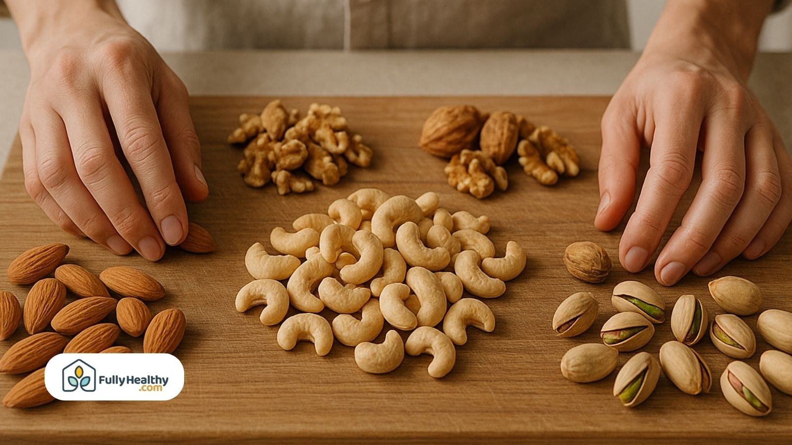 Various tree nuts including almonds, walnuts, pistachios, and cashews on a wooden board.