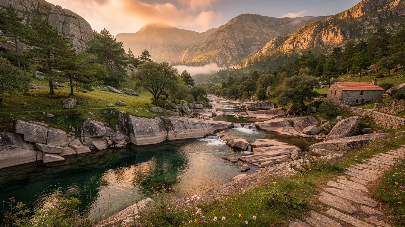 A imagem retrata a beleza natural do Parque Nacional da Peneda-Gerês, em Portugal, com suas vastas áreas de floresta, montanhas e rios cristalinos sob um céu azul. Este local é ideal para passeios em família e experiências de turismo, oferecendo um vislumbre das maravilhas da flora e fauna da região.