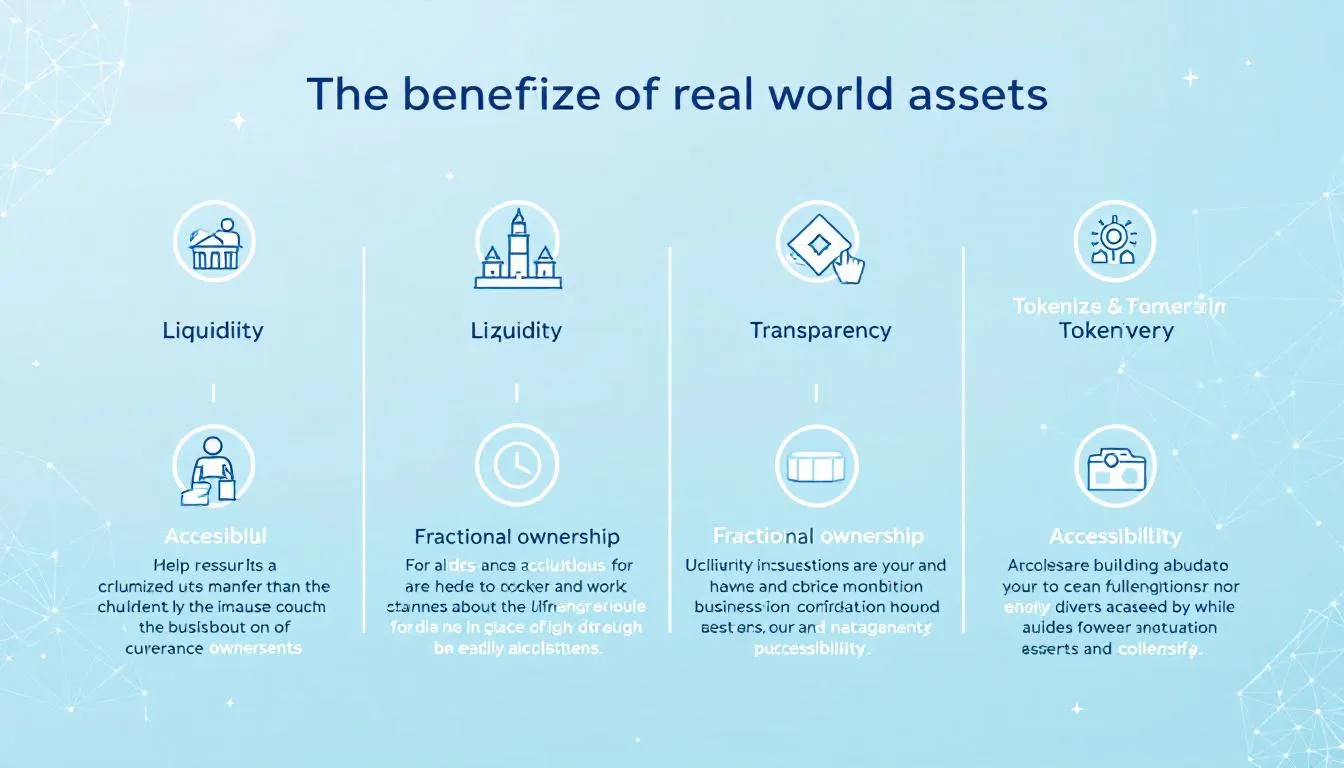 The image illustrates the benefits of tokenizing real-world assets, showcasing how digital tokens can enable fractional ownership of tangible assets like real estate properties and fine art, thus providing greater liquidity and investment opportunities in the financial markets. It highlights the role of blockchain technology in reducing transaction costs and improving asset management for both institutional and retail investors.
