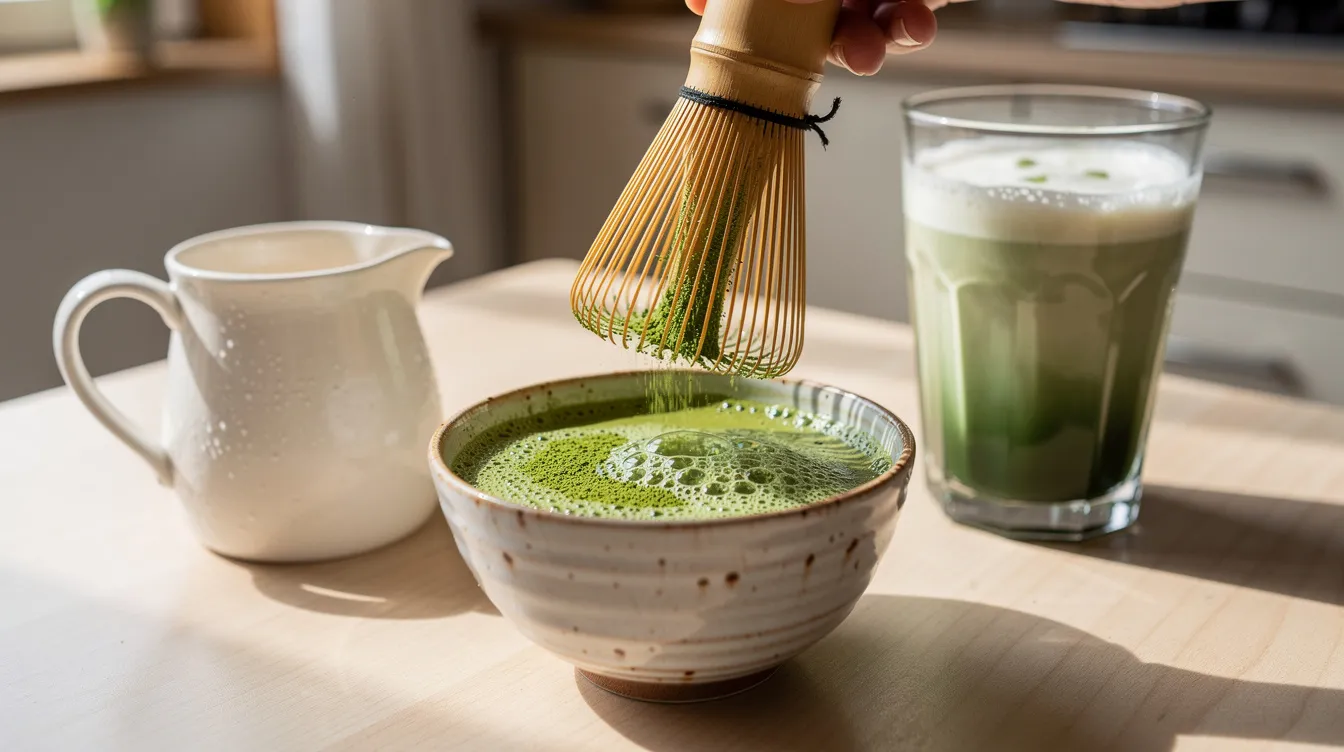 In einem minimalistischen, japanisch inspirierten Küchenumfeld wird frisches, leuchtend grünes Matcha-Pulver in einer Keramikschale mit einem Bambusbesen (Chasen) aufgeschlagen. Neben der Schale steht ein kleiner Krug mit cremiger Hafermilch, während im Hintergrund ein Glas Matcha Latte mit leichtem Milchschaum zu sehen ist, alles beleuchtet von natürlichem Morgenlicht.