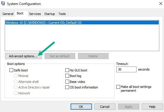 Step 3: On the boot tab, click advanced options