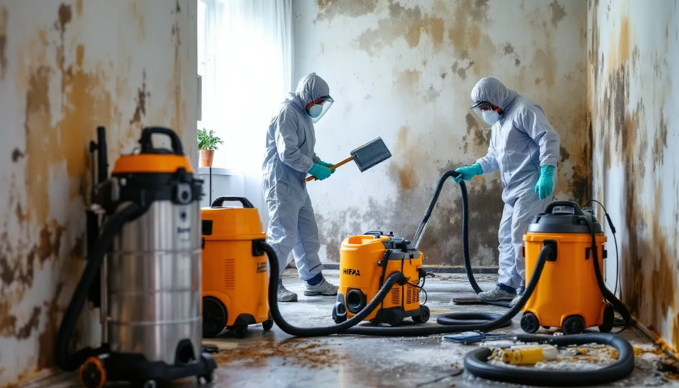 The mold remediation process in action, showing equipment and procedures.