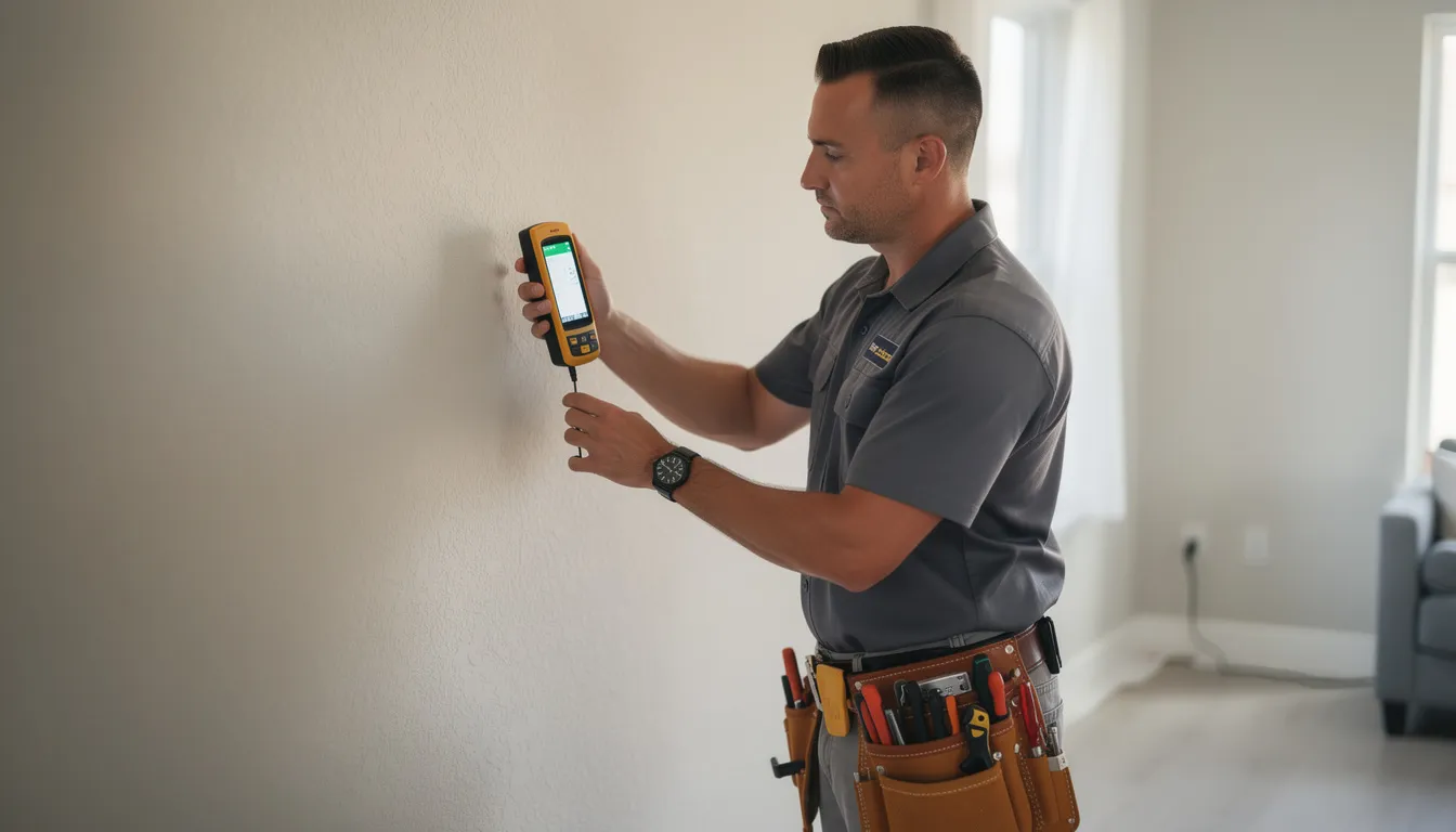A professional technician is using a moisture meter to conduct a thorough inspection of a wall in a residential home, ensuring the detection of any potential mold issues or moisture problems. This inspection is a crucial step in the mold remediation process to protect indoor air quality and prevent mold growth.