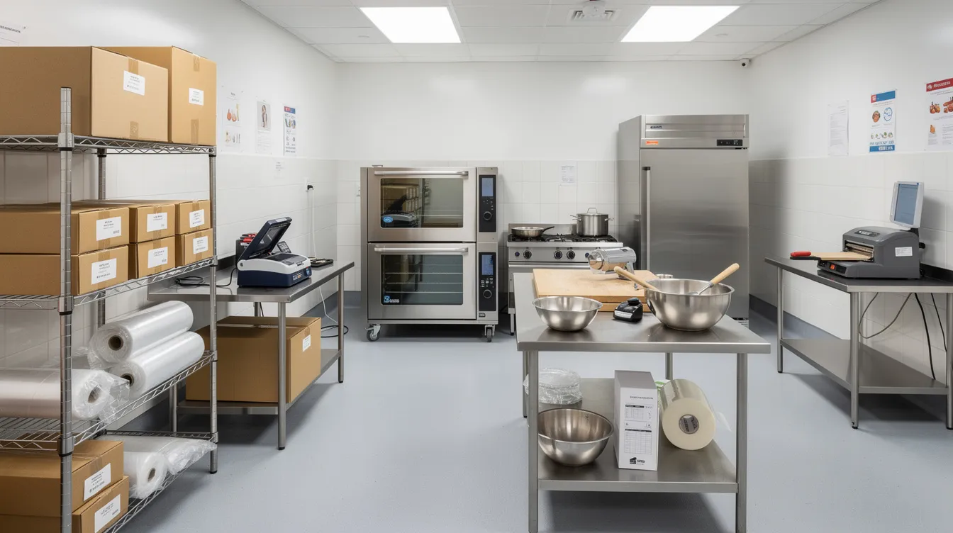 d23ccc53 b629 4c80 996f 71c77d9fe0fb The image depicts a small food processing kitchen equipped with commercial cooking appliances and various packaging materials, showcasing a space designed for efficient food production. This setting can serve as a hub for businesses seeking financial assistance through secured loans or business loans, where equipment and inventory might be considered as collateral for loan agreements.