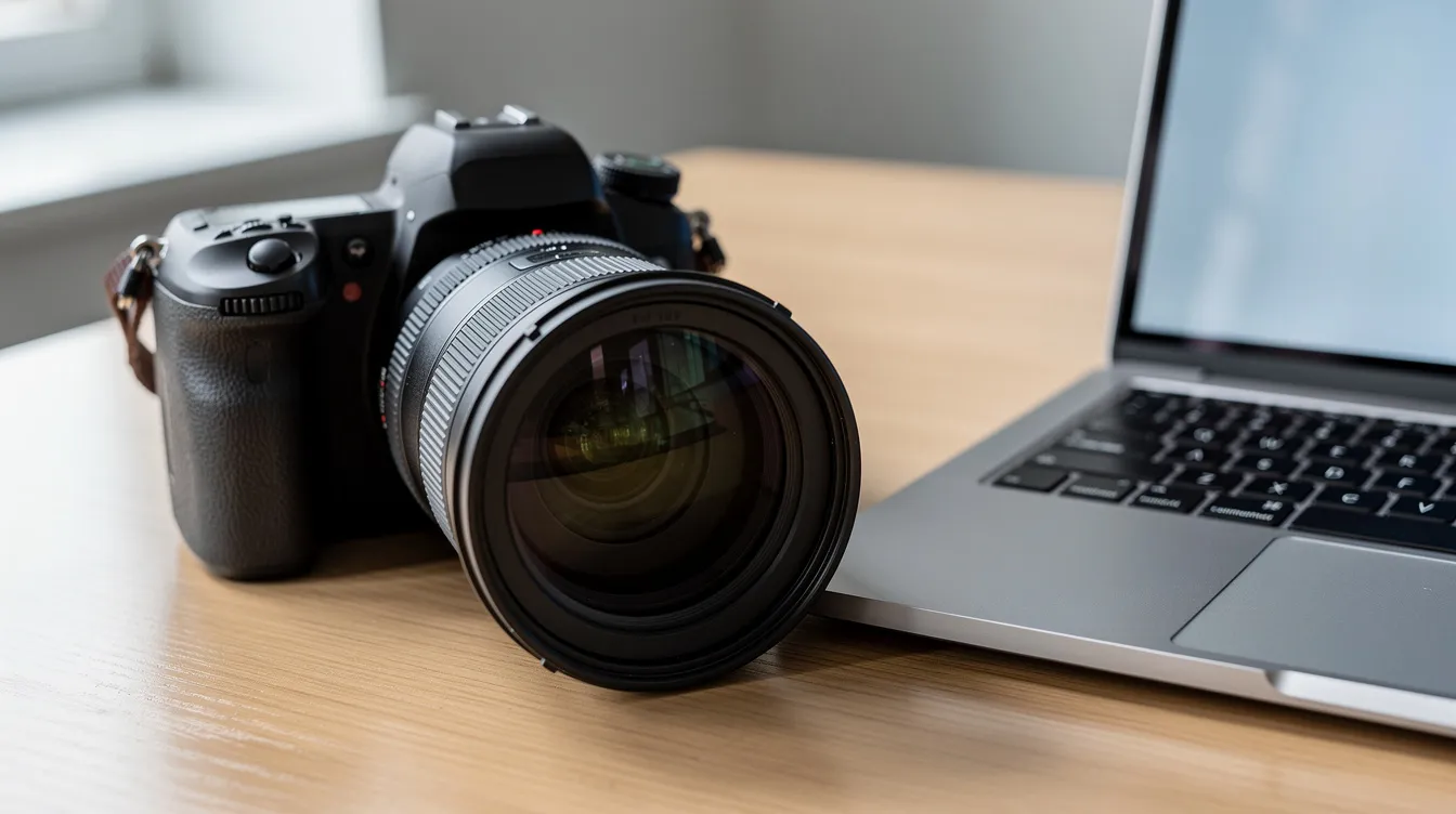A close-up view of a professional camera with a large lens is positioned on a desk next to a laptop computer, suggesting a setup for capturing high-quality images, possibly for a WordPress website. The scene reflects the importance of optimizing media files, like images, to improve site speed and overall performance.