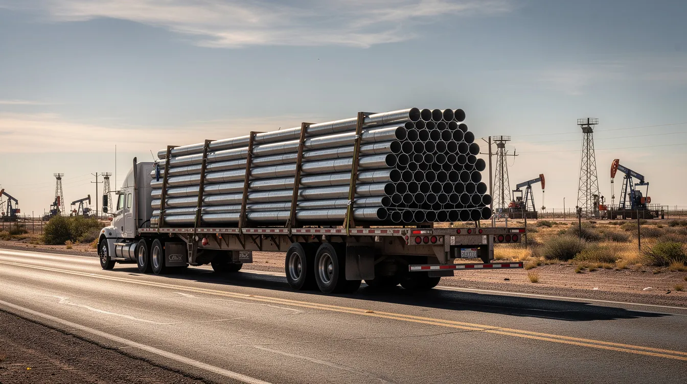 A flatbed truck loaded with steel pipes travels along a West Texas highway, with oil derricks visible in the background, reflecting the region's connection to the oil and gas industry. Such trucking activities can lead to serious truck accidents, making it essential for victims to consult experienced Midland truck accident attorneys for assistance with their claims.
