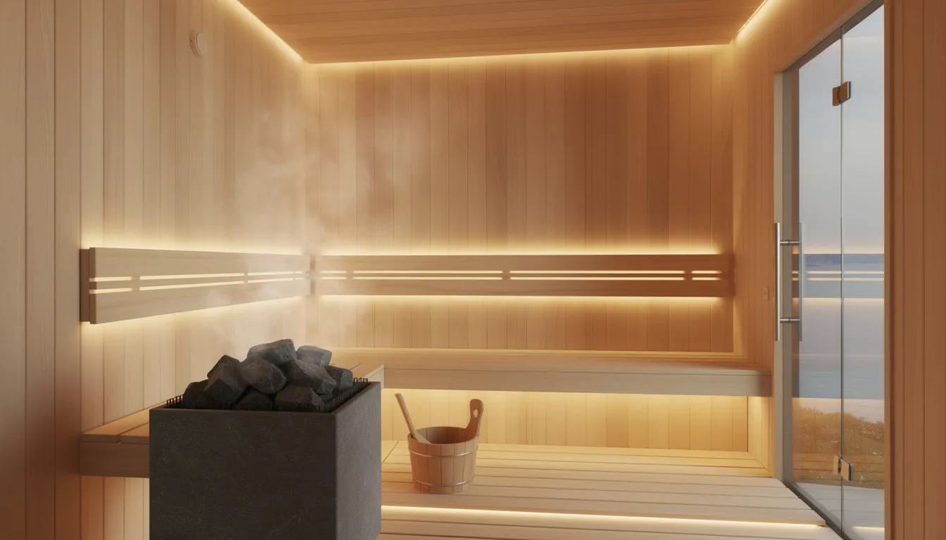 The image features a serene sauna illuminated by radiant lights, creating a calming atmosphere ideal for relaxation and cold water immersion practices. This inviting space highlights the health benefits of combining warmth with cold exposure, promoting overall well-being and stress relief.