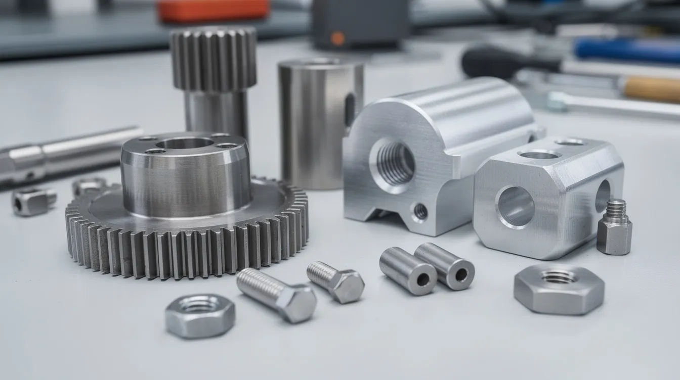 The image shows a close-up view of various precision machined metal components, including gears, brackets, and housings, meticulously arranged on a workbench. These parts exemplify high precision CNC machining, showcasing the quality and detail that can be achieved by leading CNC machining companies.