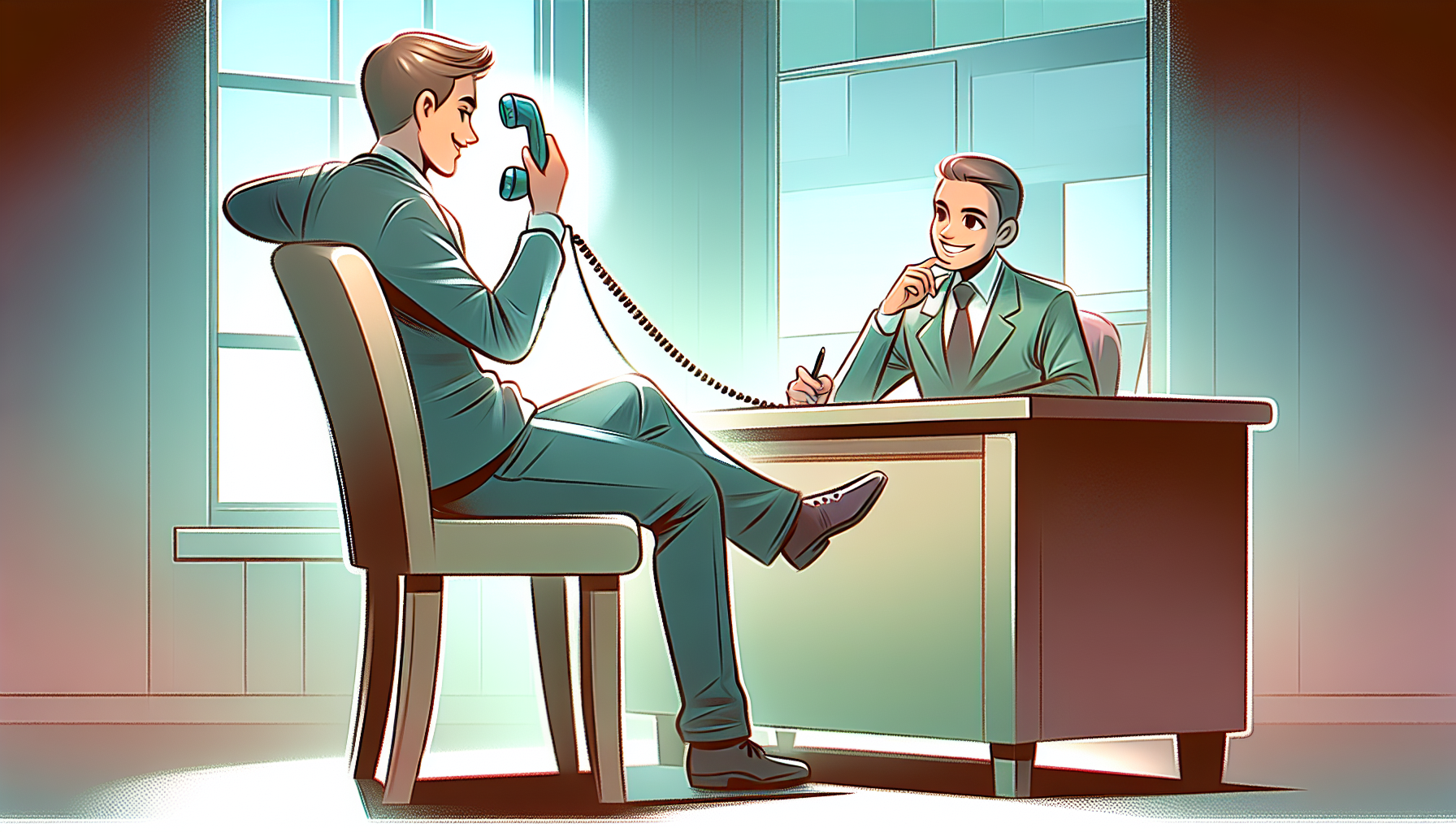 Cartoon illustration of a person staying calm and professional while interacting with a debt collector