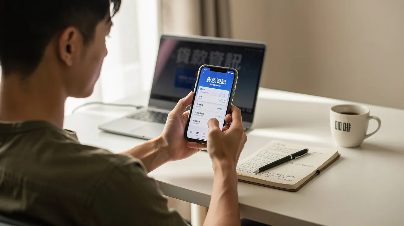 A person is seen looking at loan information on their smartphone, contemplating various loan products and terms such as interest rates and repayment periods. The scene highlights the convenience of online loan applications and the accessibility of financial services for individuals seeking quick funding options.