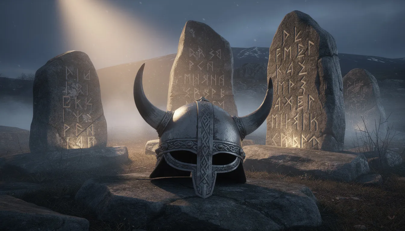 En nordisk vikinghjälm i metall står i fokus, omgiven av runstenar som är belysta av ett dramatiskt ljus, vilket skapar en mystisk atmosfär. Denna bild för tankarna till historiska tider och den rika kulturen hos svenska spelare och deras traditioner.