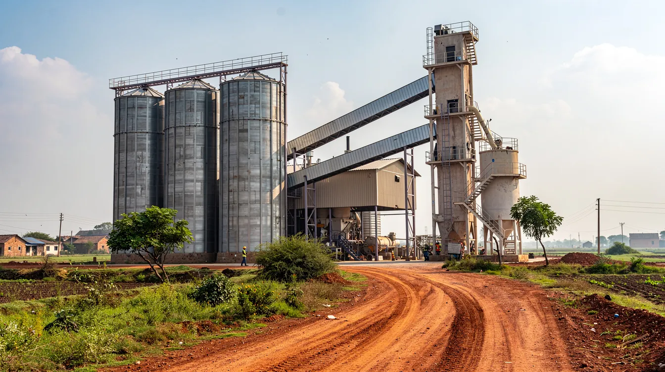 d24b901a a72f 4d6a acdd b75e1225484c The image depicts an industrial soybean processing plant in a rural Indian setting, featuring large metal silos, extensive conveyor systems, and extraction buildings. This facility is designed for efficient soybean oil extraction and production of soybean meal, showcasing the machinery and technology used to process raw materials for human consumption and animal feed.