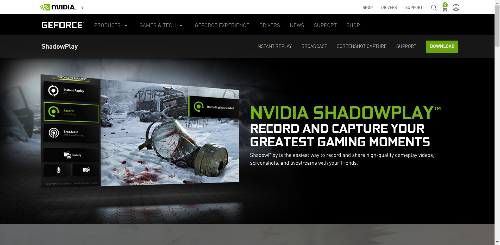 NVIDIA ShadowPlay main page