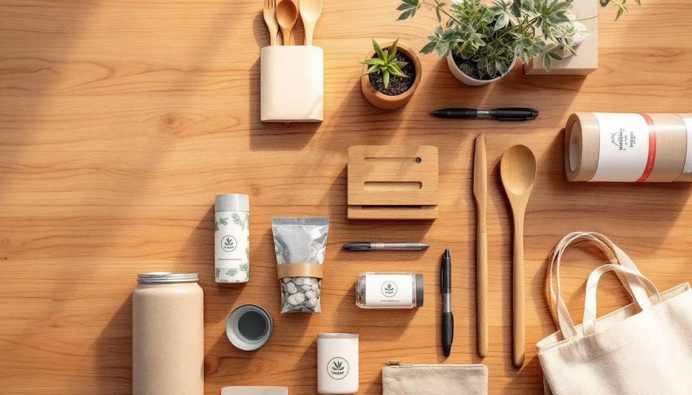 In der Abbildung sind verschiedene nachhaltige Werbegeschenke aus Bambus, Holz und recycelten Materialien auf einem Holztisch angeordnet. Die umweltfreundlichen Artikel, darunter Notizbücher und Schreibgeräte, repräsentieren eine verantwortungsvolle Wahl für Unternehmen, die Wert auf Nachhaltigkeit und ökologische Werbeartikel legen.