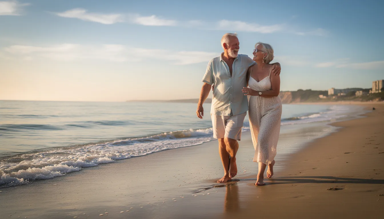A retired couple strolls hand-in-hand along a sunny beach, radiating happiness and relaxation as they embrace this exciting new chapter of their retirement life. The scene captures the joy of free time and the wonderful memories they are creating together.