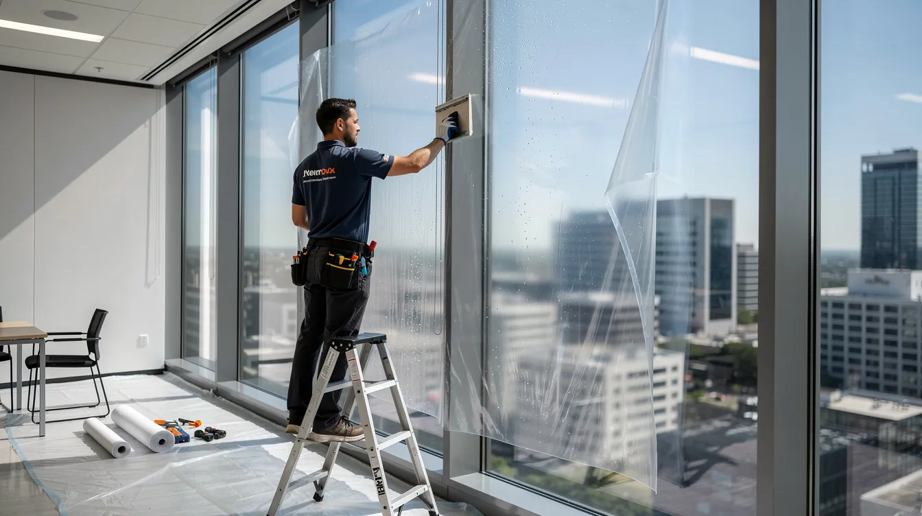 A professional is seen meticulously installing window film on a large window of a commercial building, showcasing the importance of quality service in the home repairs franchise industry. This image highlights the skills and expertise required for franchise ownership in a rewarding business model that offers strong brand reputation and ongoing support.
