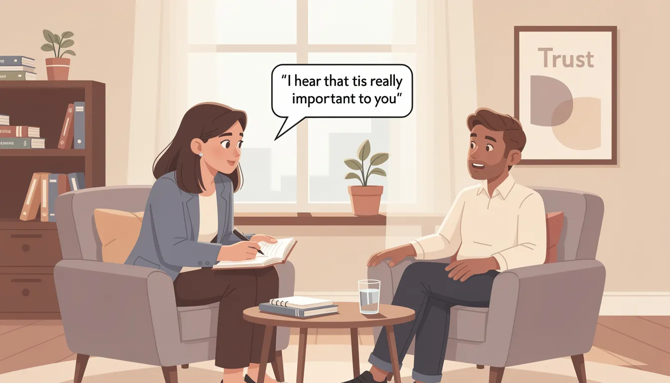 The image depicts a coach and a client engaged in a supportive coaching conversation, demonstrating essential coaching skills like active listening and empathy. The warm, welcoming environment fosters trust, allowing the client to openly share their thoughts and feelings, which enhances their personal growth and self-reflection.
