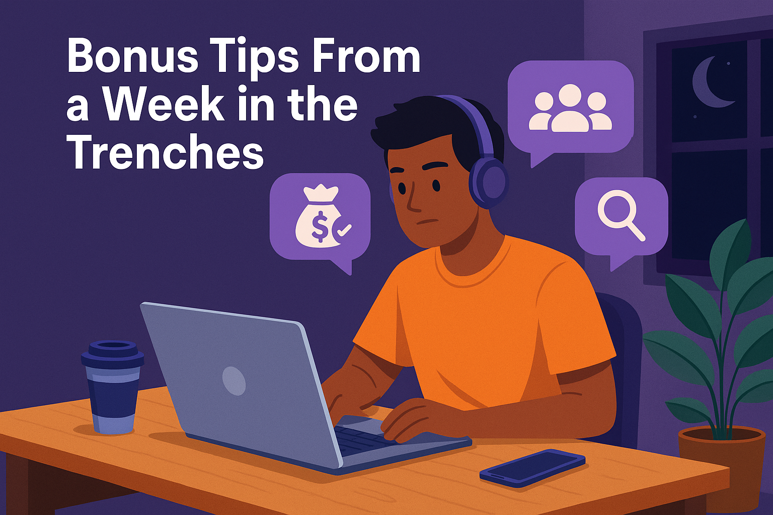 2D digital illustration titled “Bonus Tips From a Week in the Trenches,” featuring a user at a desk reviewing scam alert notes and community tips on a laptop, with digital icons representing caution, verification, and strategy surrounding the screen.