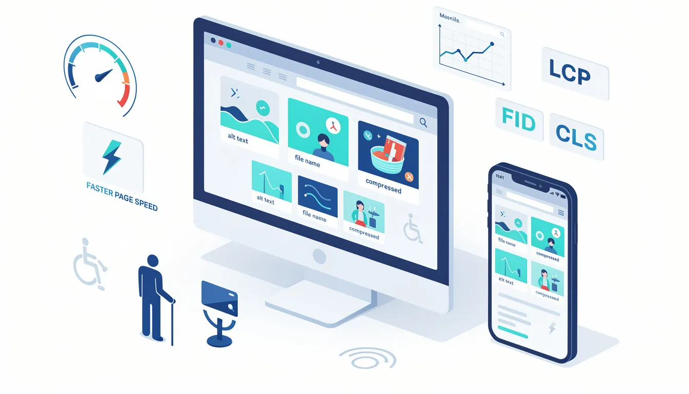 The image illustrates the importance of image SEO in enhancing website performance, including faster page speed and better mobile usability, which are key factors for effective SEO strategy. It highlights how properly optimized images, including the use of image alt text, improve organic traffic and assist search engines in understanding content for better search engine rankings.