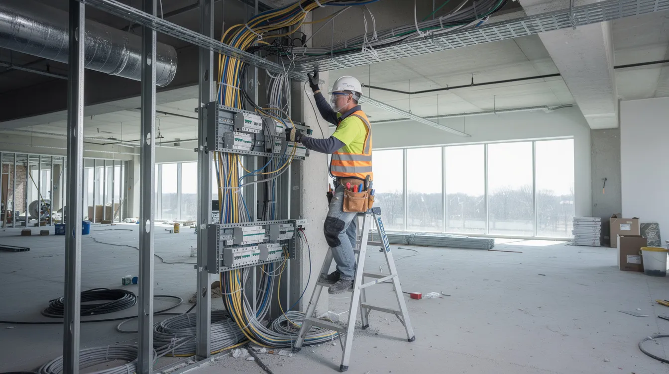 An electrician in safety gear is installing wiring inside a commercial building that is currently under construction, showcasing the skilled trades involved in the construction industry. This scene highlights the essential role of electricians in developing structures and emphasizes the rewarding career paths available in construction projects.