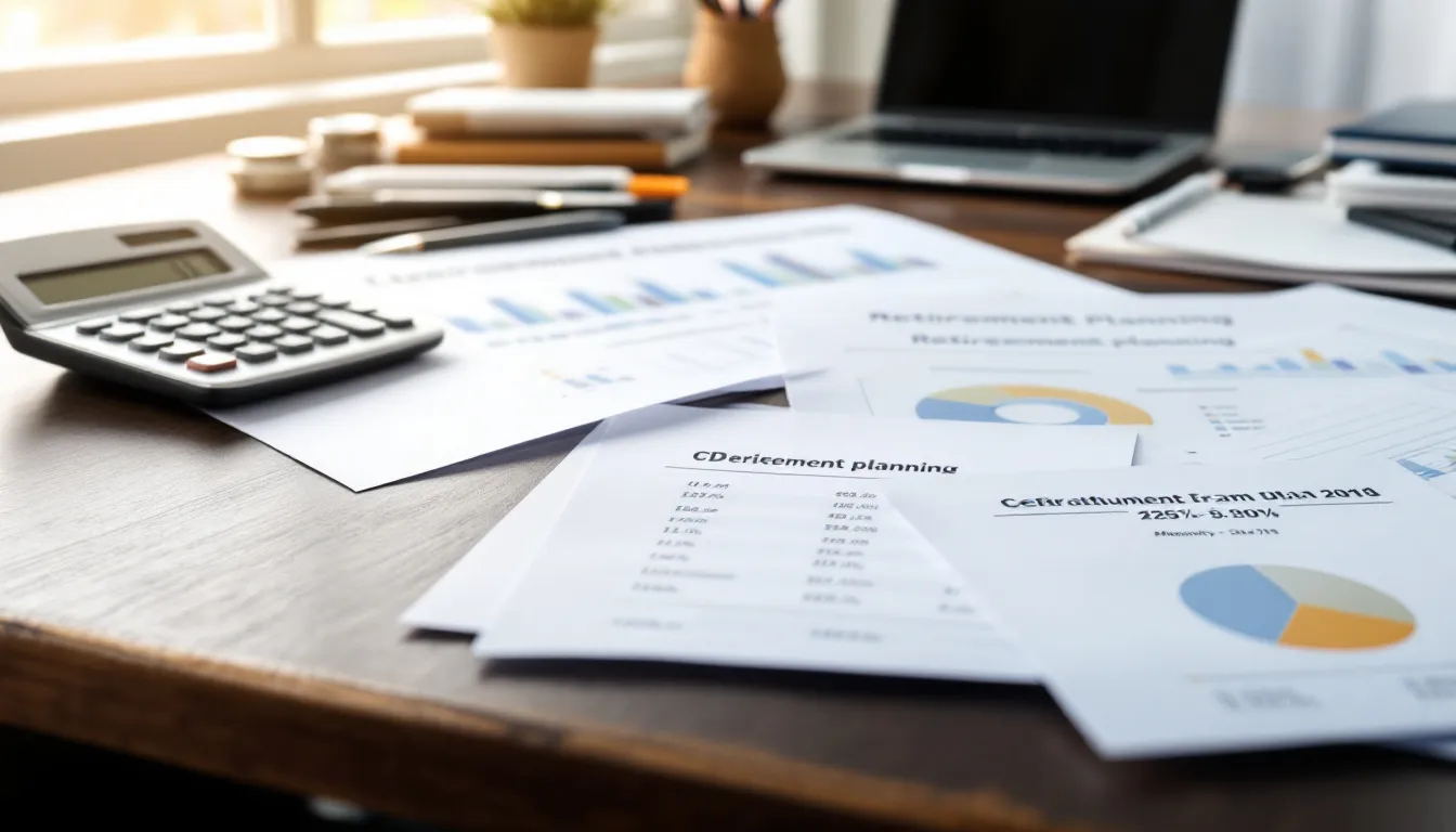 A desk is cluttered with a calculator, financial charts, and CD certificates, illustrating the process of retirement planning calculations. This scene reflects the various factors individuals must consider, such as age and family, to develop a comprehensive financial plan.