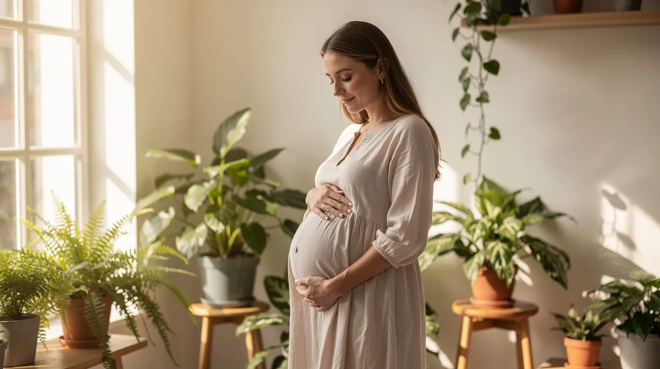 Une femme enceinte se tient doucement le ventre dans une pièce lumineuse, entourée de plantes naturelles. Cette image évoque le bien-être et la santé, mettant en avant l'importance des oméga 3 pour les femmes, notamment celles atteintes de SMOP ( SOPK), et leur rôle dans l'équilibre hormonal durant la grossesse.