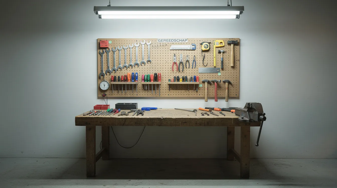 De afbeelding toont een werkplaats met heldere tl-verlichting boven een werkbank vol gereedschap, wat zorgt voor een goede zichtbaarheid en een prettige verlichting. De verlichting heeft een hoge kleurtemperatuur, waardoor het licht helder en neutraal wit is, ideaal voor nauwkeurig werk.