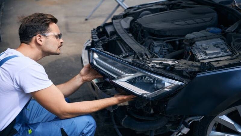 An mechanic changing the headlight assembly of a car.