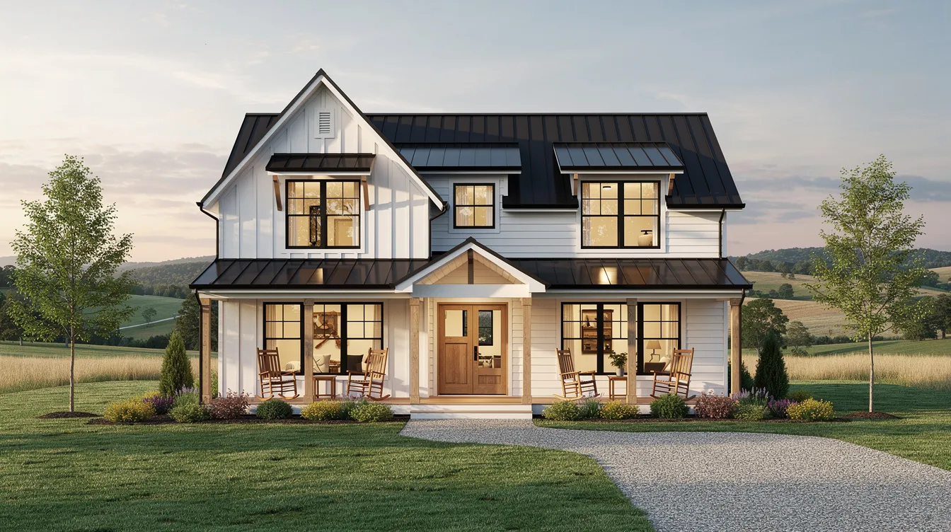 A modern farmhouse featuring white siding and black metal roof accents is set against a picturesque rural backdrop. This charming design exemplifies popular architectural styles and could be the perfect base for a custom home plan or house plan modifications.